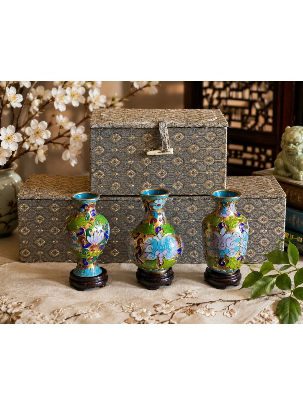 Vintage Chinese Cloisonné Mini Vase Set of 3 Floral Enamel Brass w/ Boxes & Wood